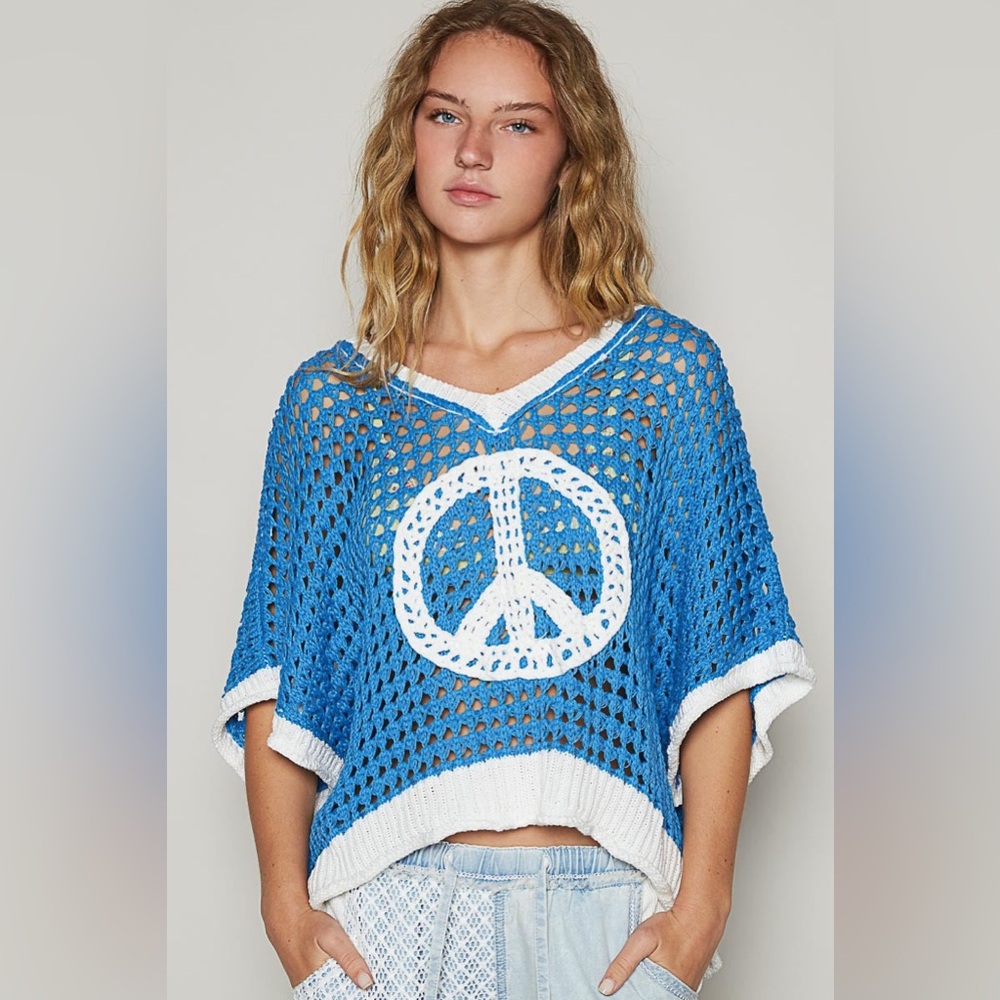 Open Crochet Oversized Peace Sign Sweater - POL